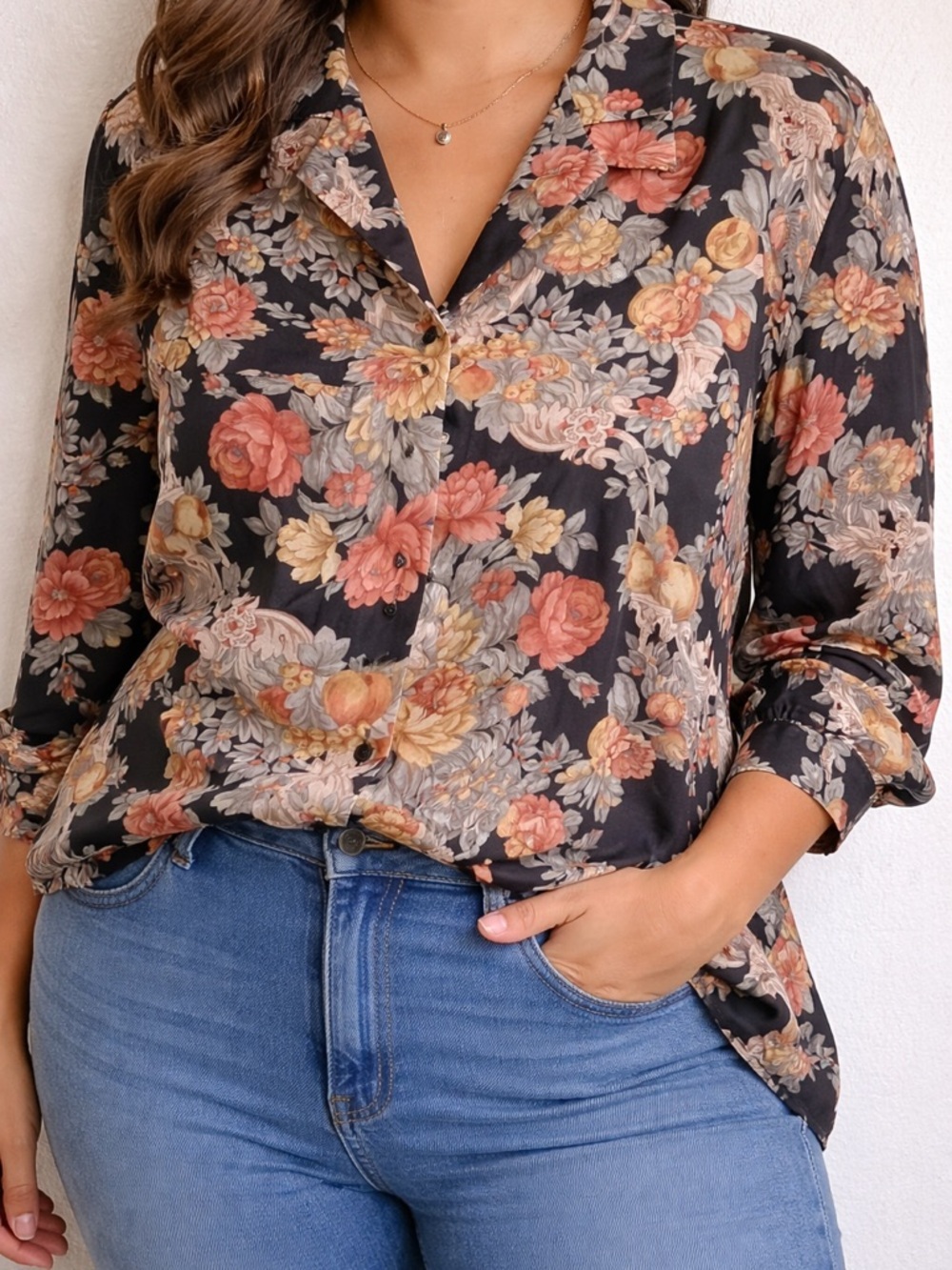 Haband for Her Black Floral Button-Up Shirt with Cream and Pink Accents‎ XXL